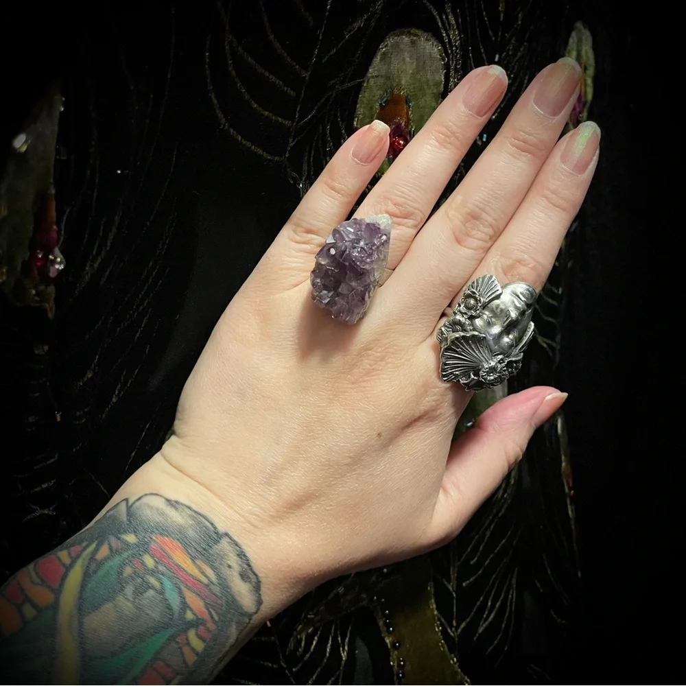 Natural Chunky Amethyst Druzy Crystal Silver Ring adjustable 925